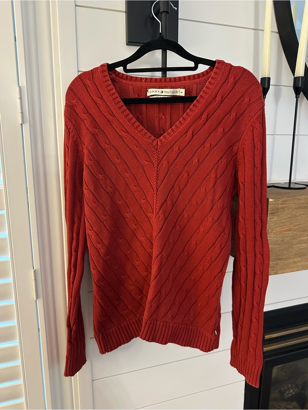 Tommy Hilfiger Women's Red Cable V-Neck Sweater